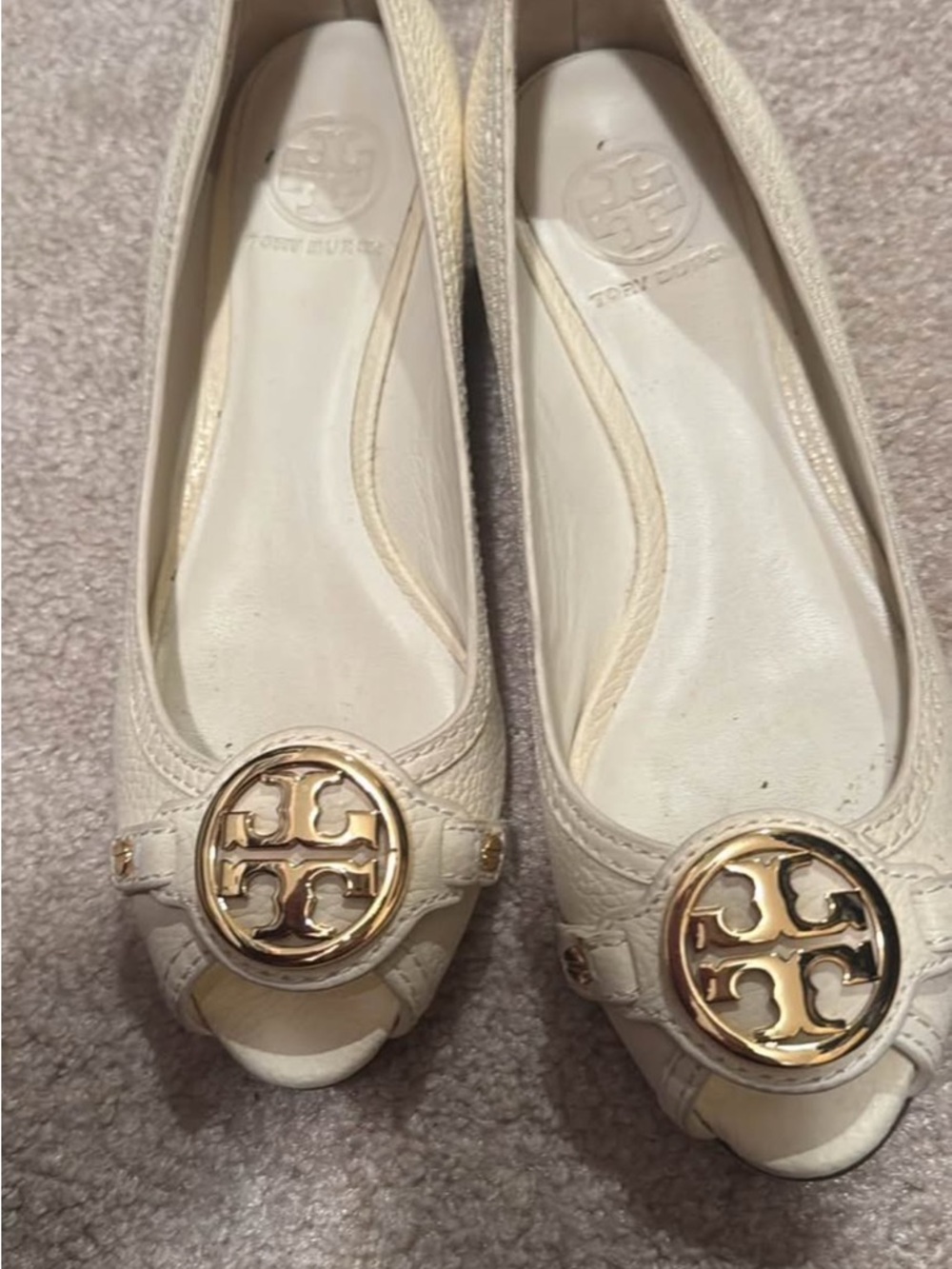 Tory Burch Cream Leather Logo Peep-Toe Flats with Gold Emblem